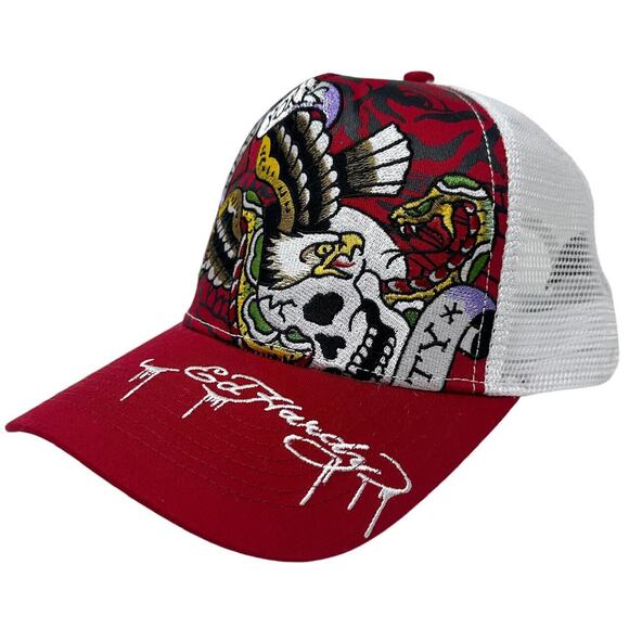 Ed Hardy Trucker Hat Embroidered Tattoo New York Eagle Red Snapback Mesh Cap - Picture 3 of 6